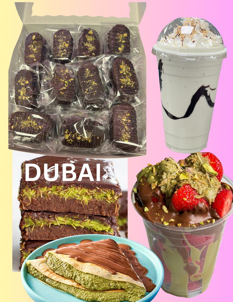 Dubai chocolate bars, milkshake, crepe and pistachio sundae